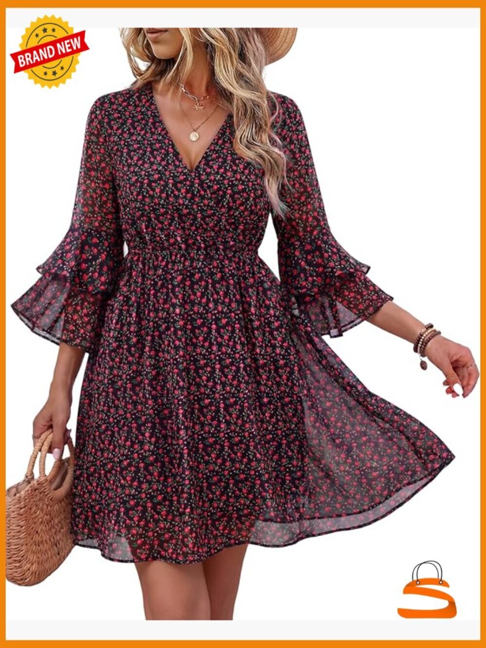 V Neck Flowy Chiffon Midi Dress with Ruffle Sleeves